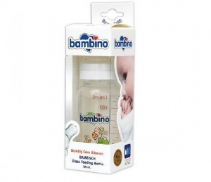 Biberon din sticla cu tetina Cherry Nipple 225 ml Bambino, Alb