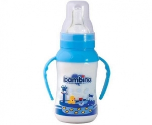 Biberon cu manere si tetina din silicon Natural PP 150 ml Bambino, Albastru