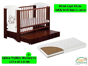 Patut Cu Sertar Klups Teddy With Stars Wenge + Saltea 8 MyKids MyDreams