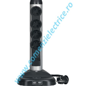 Prelungitor 4 prize, 2xUSB, incarcator cu inductie, intrerupator, protectie supratensiune, 2m, Negru
