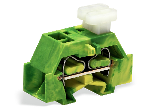 Space-saving, 4-conductor end terminal block; on one side with push-buttons; without protruding snap-in mounting foot; for terminal strips with snap-in mounting feet; 2.5 mm²; CAGE CLAMP®; 2,50 mm²; green-yellow