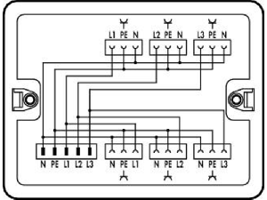 Distribution box; Three-phase to single-phase current (400 V/230 V); 1 input; 6 outputs; Cod. A; MIDI; white