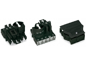 Three-phase to single-phase distribution connector; with phase selection; 5-pole/3-pole; Cod. A; 1 input; 2 outputs; with cable connection on the input side; black