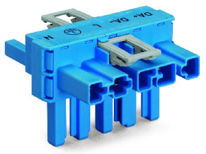 T-distribution connector; 5-pole; Cod. I; 1 input; 2 outputs; 3 locking levers; for flying leads; blue