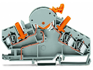 3-conductor disconnect/test terminal block; e.g., current transformer circuits; with touch-proof test sockets; for 4 mm Ø test plugs; for DIN-rail 35 x 15 and 35 x 7.5; 6 mm²; CAGE CLAMP®; 6,00 mm²; gray