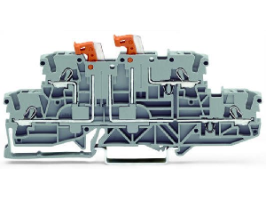 Double-deck, double-disconnect terminal block; with 2 pivoting knife disconnects; N/L; for DIN-rail 35 x 15 and 35 x 7.5; 2.5 mm²; Push-in CAGE CLAMP®; 2,50 mm²; gray