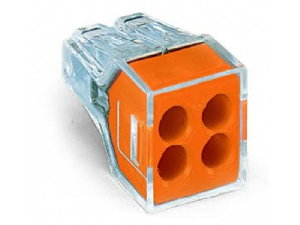 PUSH WIRE® connector for junction boxes; for solid and stranded conductors; max. 2.5 mm²; 4-conductor; transparent housing; orange cover; Surrounding air temperature: max 60°C; 2,50 mm²