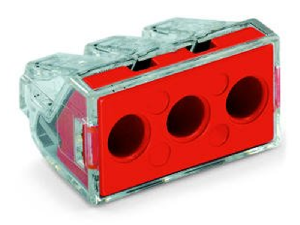 PUSH WIRE® connector for junction boxes; for solid and stranded conductors; max. 6 mm²; 3-conductor; transparent housing; red cover; Surrounding air temperature: max 60°C; 6,00 mm²