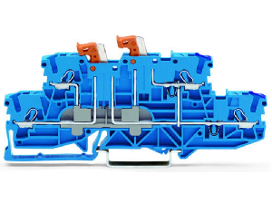 Double-deck, double-disconnect terminal block; with 2 pivoting knife disconnects; lower and upper decks internally commoned on right side; conductor entry with violet marking; for DIN-rail 35 x 15 and 35 x 7.5; 2.5 mm²; Push-in CAGE CLAMP®; 2,50 mm²;