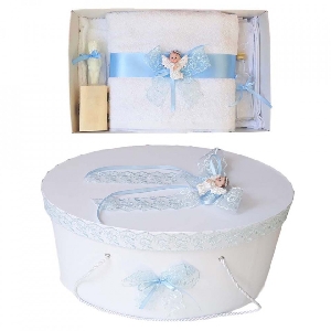 Set trusou botez Baietei cu cutie trusou si Ingeras dantela bleu Denikos® 446 NKO2003