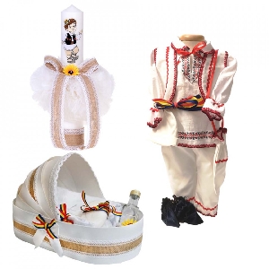 Set costum national baiat cu trusou botez landou si lumanare botez Denikos® 970 NIK5399