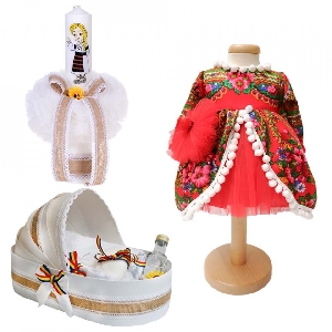 Pachet costum traditional fete si trusou botez landou cu lumanare Denikos® 988 NIK5417