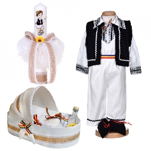 Set traditional trusou botez landou Baieti cu lumanare si costum national Denikos® 1041 NIK5538