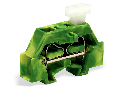 Space-saving, 2-conductor end terminal block; on one side with push-button; without protruding snap-in mounting foot; for terminal strips with snap-in mounting feet; 2.5 mm²; CAGE CLAMP®; 2,50 mm²; green-yellow