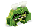 Space-saving, 2-conductor end terminal block; on both sides with push-button; without protruding snap-in mounting foot; for terminal strips with snap-in mounting feet; 2.5 mm²; CAGE CLAMP®; 2,50 mm²; green-yellow