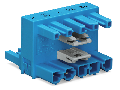 h-distribution connector; 5-pole; Cod. I; 1 input; 2 outputs; outputs on both sides; 2 locking levers; blue