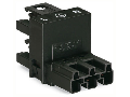 h-distribution connector; 3-pole; Cod. A; 1 input; 2 outputs; outputs on one side; 2 locking levers; black