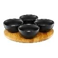 Set 4 boluri portelan pentru servire, suport bambus 25x25x5,5 cm, natur/negru, Colectia Natural