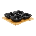 Set 4 boluri portelan pentru servire, suport bambus 25x25x5,5 cm, natur/negru, Colectia Natural