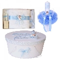 Pachet cu trusou botez si lumanare cu cutie trusou Baietel Denikos® 472 cu ingeras si dantela bleu NKO2029