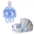 Set Lumanare botez personalizata cu nume Baiat si trusou botez in landou decor Bleu cu floricele Denikos 774 - NKO5203