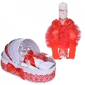 Set Lumanare botez personalizata Fetite si trusou botez in landou cu dantela Rosie Denikos® 865 NKO5294