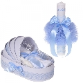 Set Lumanare botez personalizata si trusou botez Baietel in cutie landou cu decor Bleu Denikos 868 - NKO5297