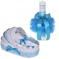 Set Lumanare botez personalizata si trusou botez in landou Baietel cu dantela Turcoaz Denikos 870 NKO5299