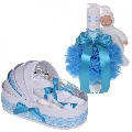 Set lumanare botez cu iepuras personalizata si trusou botez in landou baieti decor dantela Turcoaz Denikos 879 NKO5308