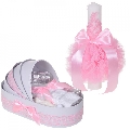 Set elegant lumanare botez si trusou botez in cutie model landou pentru Fete cu decor dantela Roz Denikos 881- NKO5310