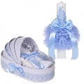 Set Trusou botez design landou si lumanare de botez cu decor dantela Bleu pentru baieti Denikos 886 - NKO5315