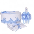 Set elegant trusou botez si cutie trusou cu lumanare personalizata cu nume Baiat, decor dantela Bleu Denikos® 940 NKO5369