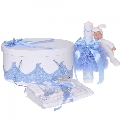 Pachet trusou botez si cutie trusou cu lumanare personalizata nume Baietel Denikos 949 cu dantela Bleu, iepuras - NKO5378