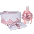 Set elegant trusou botez Fete cu lumanare inclusa si cutie trusou, dantela Roz pudra diafana Denikos 956 NKO5385