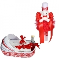 Set lumanare botez pentru fete si trusou botez in landou, decor dantela rosie lata Denikos® C1109 NKO5787