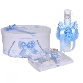 Set cu trusou botez Baieti si lumanare cu mesaj Denikos® C1115 si cutie trusou cu dantela Bleu NKO5793