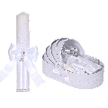 Set botez elegant, lumanare margelute si si trusou botez in landou, decor dantela alba ingusta, Denikos® C9300 NKO5995