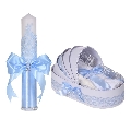 Set botez elegant, lumanare margelute si si trusou botez in landou, decor dantela bleu ingusta, Denikos® C9302 NKO5997