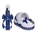 Set botez elegant, lumanare margelute si si trusou botez in landou, decor dantela bleumarin ingusta, Denikos® C9303 NKO5998