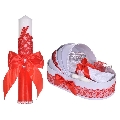 Set botez elegant, lumanare margelute si si trusou botez in landou, decor dantela rosie ingusta, Denikos® C9307 NKO6002